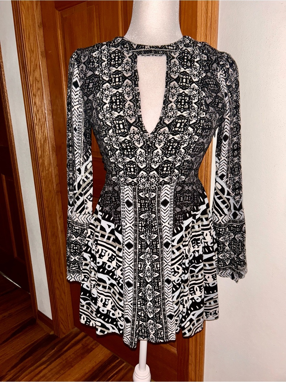 Free People Black and White Printed Long Sleeve Dress